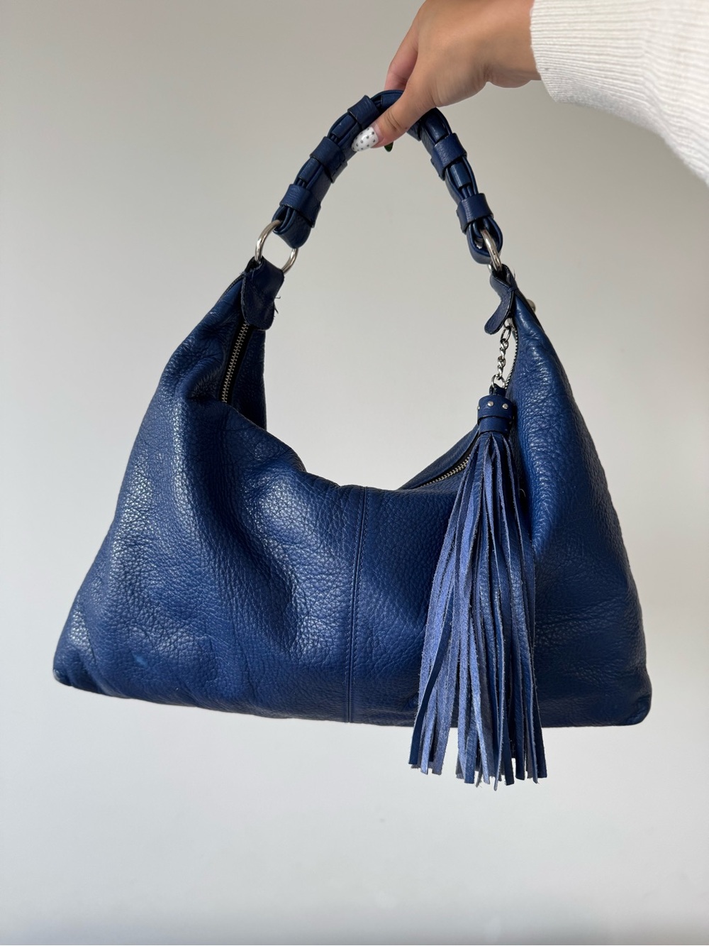 Pebbled Purple Leather Tassel Hobo Bag